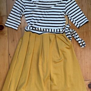 Skater dress golden and black/white stripe with belt. So cute!